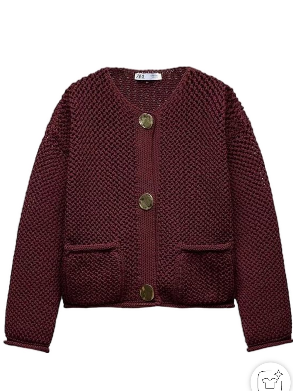 ZARA Burgundy Chunky Knit Cardigan with Gold Button